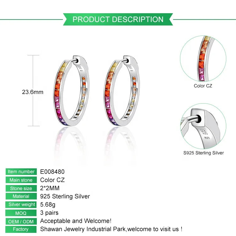 ArtistA Fashion Rainbow Jewelry Custom CZ 925 Sterling Silver Rhodium Plated Rainbow Color Cubic Zirconia Hoop Huggie Earrings for Women