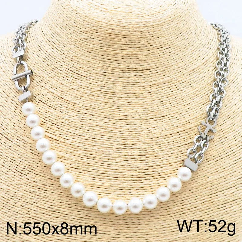 REBEL Unisex Elegant Noble Style Stainless Steel&Pearls Necklace