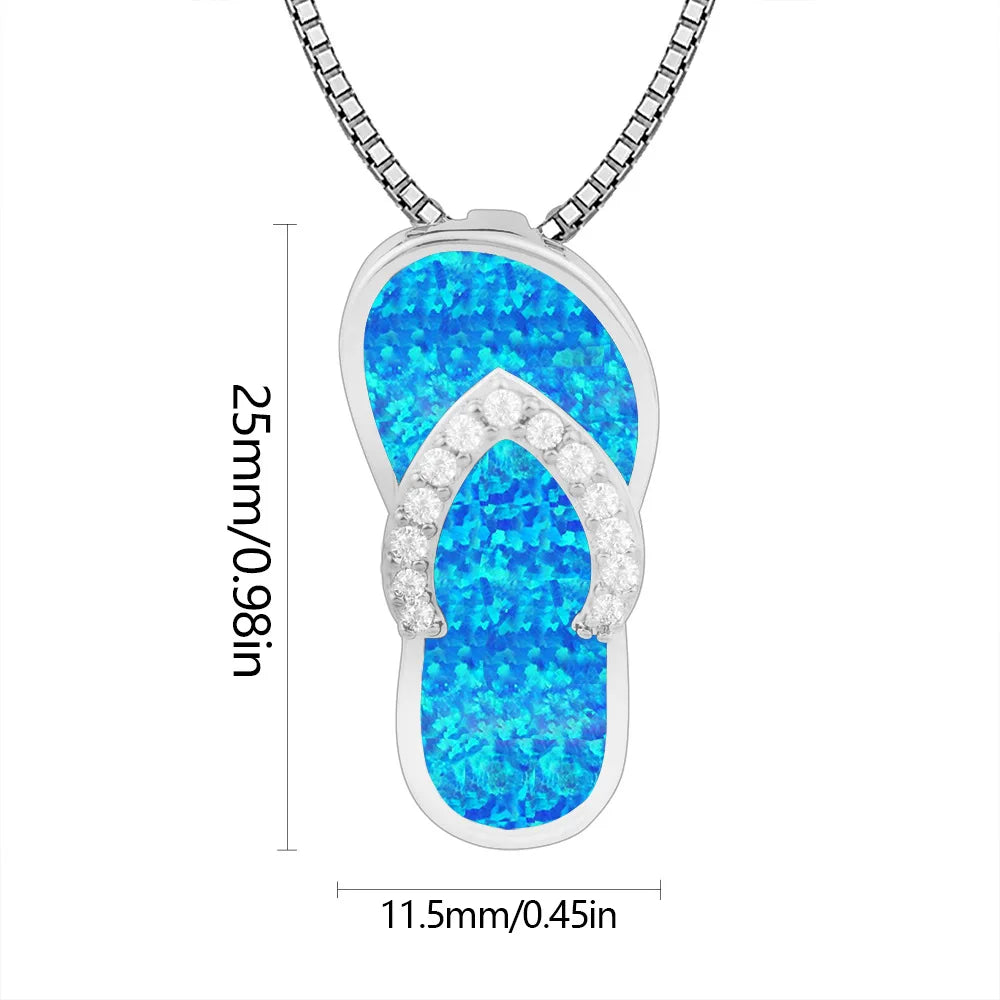 Premium Christian Copper Opal Embedded Trendy Flip Flop Pendant Sweater Link Chain Silver Plated Hawaiian Style Bulk Necklace