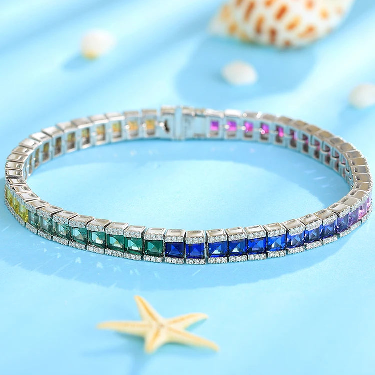 ArtistA Women High Quality Multi Color Gemstone Bracelet Jewelry 925 Sterling Silver Rainbow Lab Grown Sapphire Tennis Chain