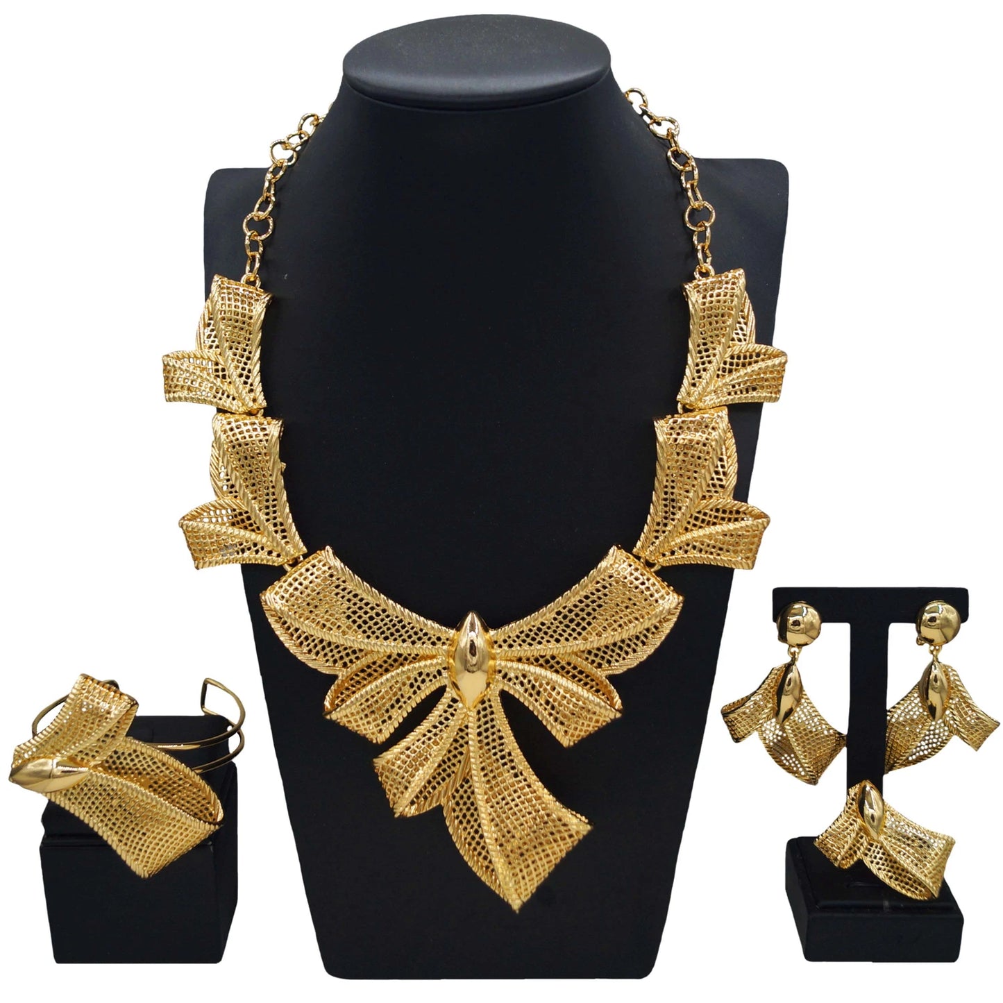 Zhuerrui New =Italian Jewelry 4-piece Set Gold Plated Bow Mesh Copper Ring Fashion Exquisite Ladies Party Jewelry Gift BoxH00774