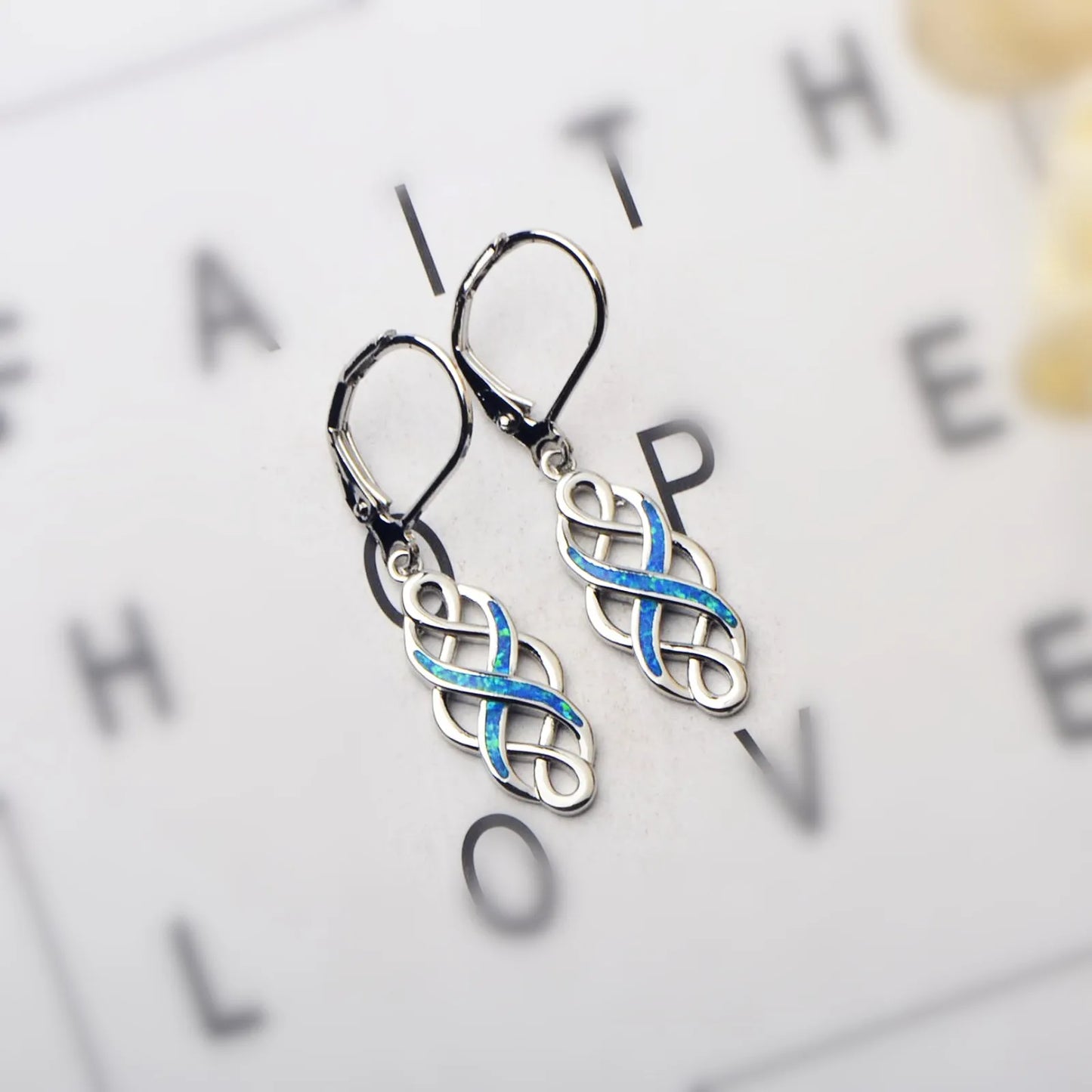 Blue Opal Infinity Earrings | Silver Twisted Design Drop Jewelry