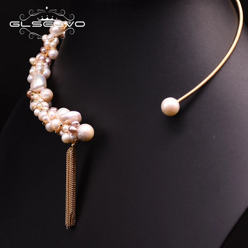 Natural Freshwater Pearl Tassel Choker Necklace for Women  Luxury Handmade Gold Plated Jewelry Custom Necklace