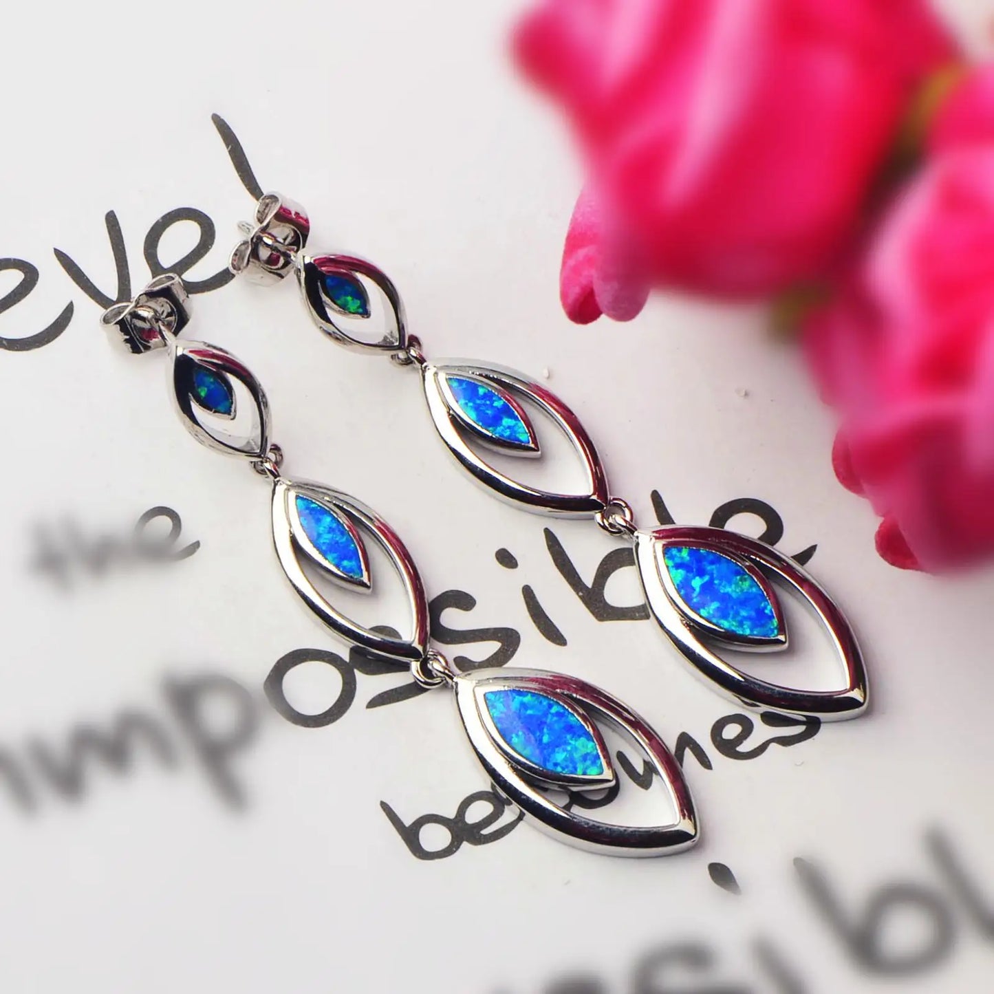 Tiered Marquise Opal Drop Earrings - Blue Fire Opal Framed Tassel Design | Elegant Daily Jewelry Bulk Gifts