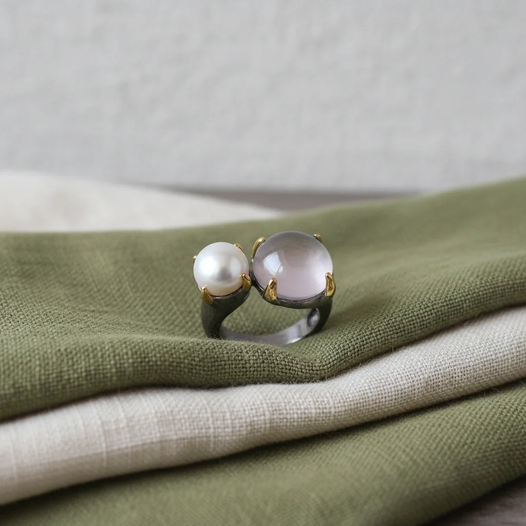 Jewelry Button Pearl Rose Quartz Handmade Ring Latest 925 Sterling Silver CLASSIC Gemstone Rings