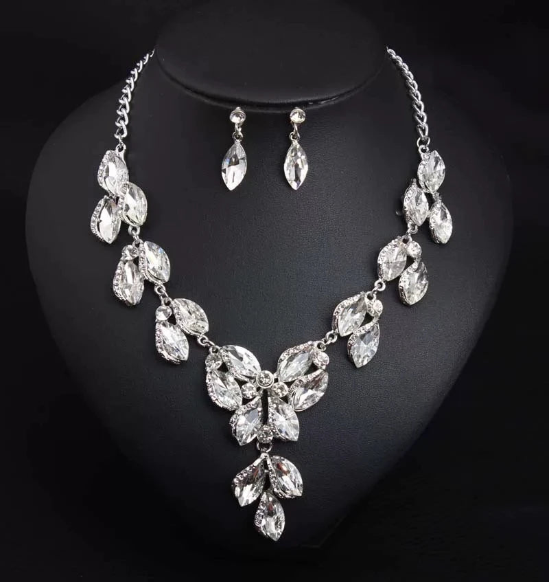 XM S392 Gold Plated Retro Gemstone Crystal Floral Necklace & Earrings Bridal Set