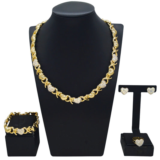 Zhuerrui's New Fashion Dating Jewelry Set of Four Pieces, High-end Gold-plated and Diamond-encrusted Heart, Vibrant and Elegant