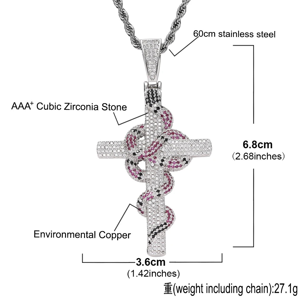 REBEL RQ Hip Hop Jewelry for Men Snake Cross 14K Gold Iced Out Cross Coral Snake Gemstone Shiny Iced Out Cross Pendant