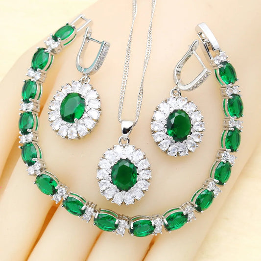 2022 New Green Cubic Zirconia Vintage Jewelry Sets Women Platinum Plated Copper Alloy Bracelet Earrings Engagement Gift Wedding