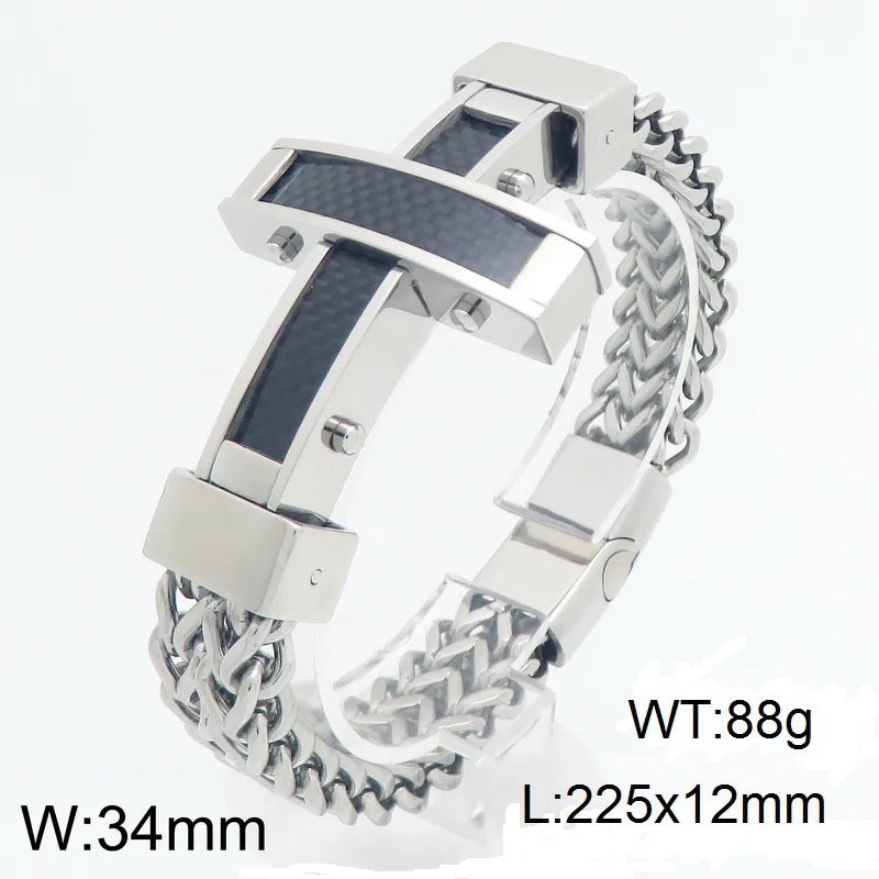 Kalen Hip-hop Luxury Unique Carbon Fiber Cross Double-Sided Chain Bracelet Magnetic Clasp Stainless Steel Men's Bracelet
