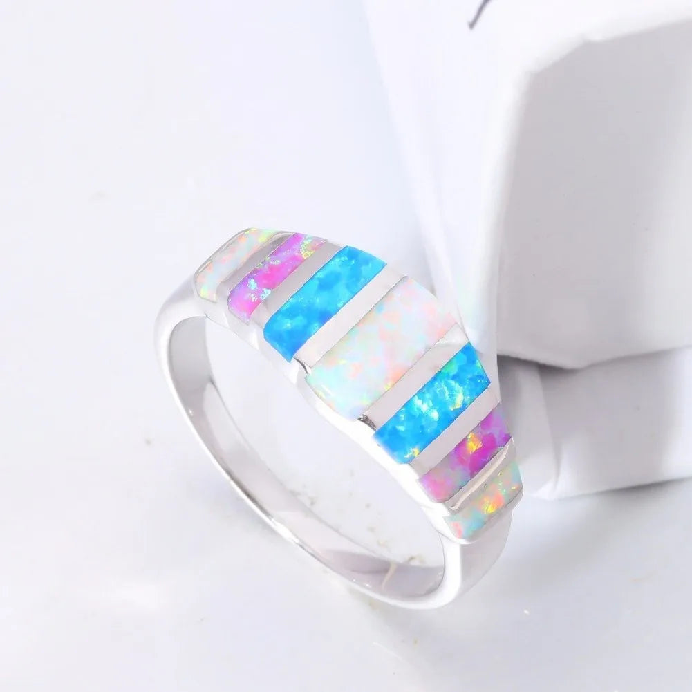 Bohemian Opal Ring Colorful Block Design with Dazzling Rainbow Sparkle