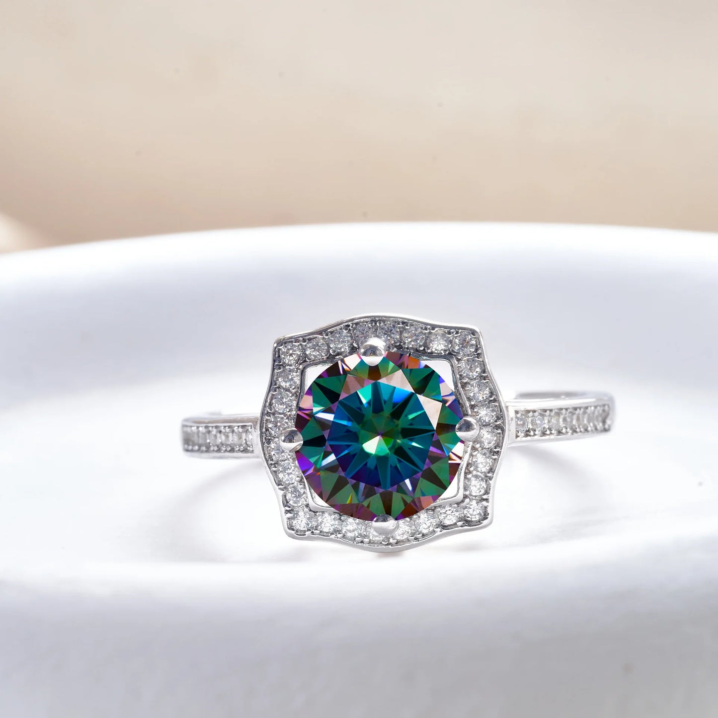 Wholesale 925 Silver PT950 Platinum Plated Square Bezel Set Round Cut 3 Carat VVS GRA Colored Moissanite Engagement Ring