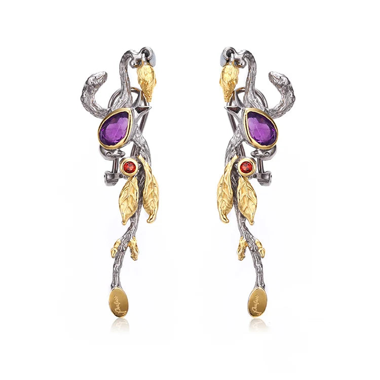 Tree Snake Fashion Design Amethyst Stone 925 Sterling Silver Stud Earrings Women Engagement Wedding Party Gift