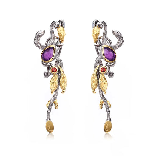 Tree Snake Fashion Design Amethyst Stone 925 Sterling Silver Stud Earrings Women Engagement Wedding Party Gift