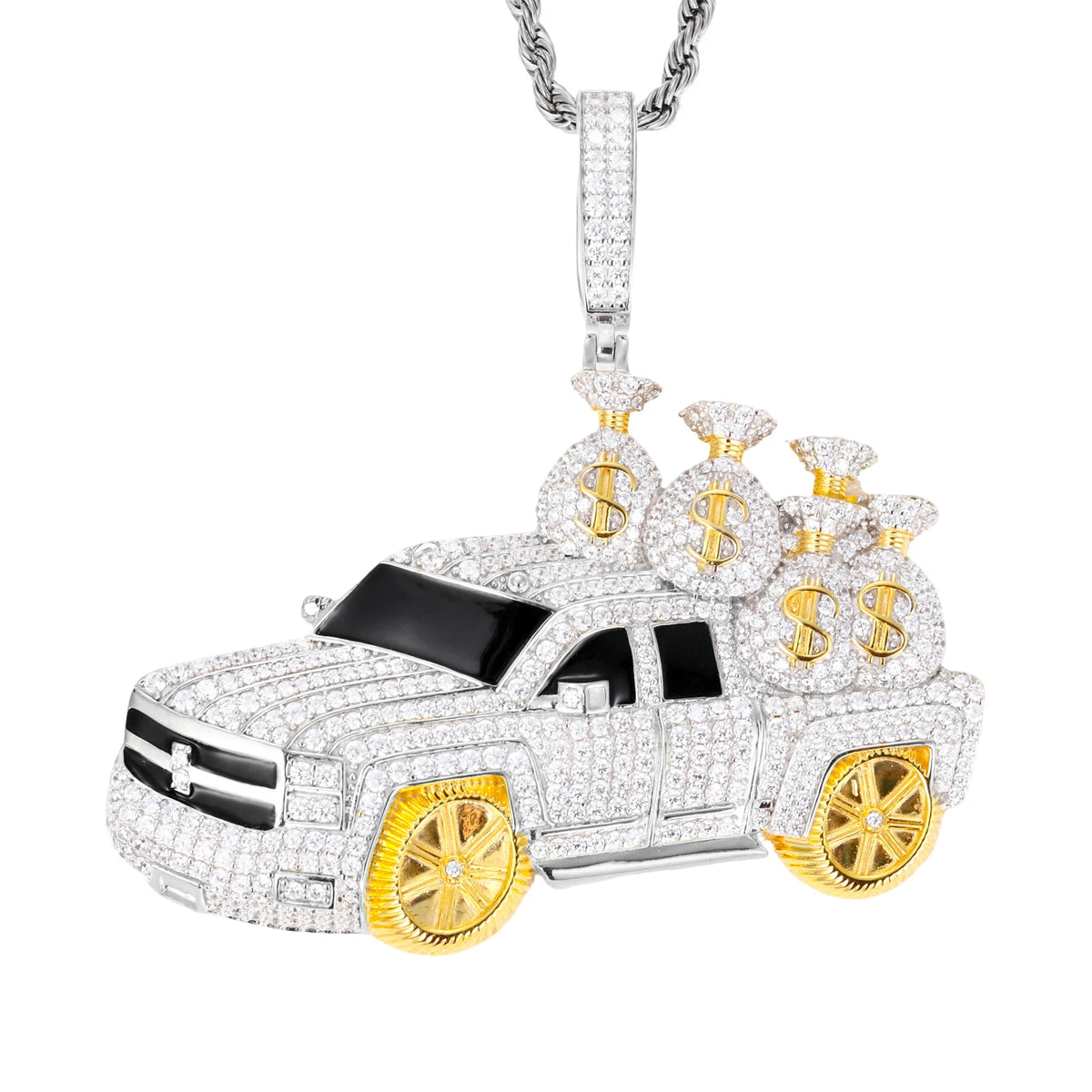 High Quality Hip Hop Jewelry 18K Gold Plated Brass AAAAA CZ Diamond Iced Out Pickup Truck Pendant with Money Bags