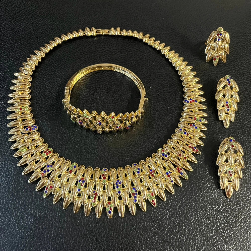 Zhuerrui Chic Leaf Multicolor Rhinestone Gold Plated Jewelry Set for Women Necklace Earrings Bracelet Ring Evening Jewelry I0101