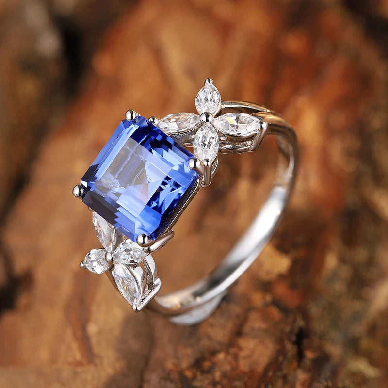 Gemfiori Vintage Engagement Ring 925 Sterling Silver 2 Carat Lab Grown Sapphire Rhodium Plated Prong Setting for Women's Wedding