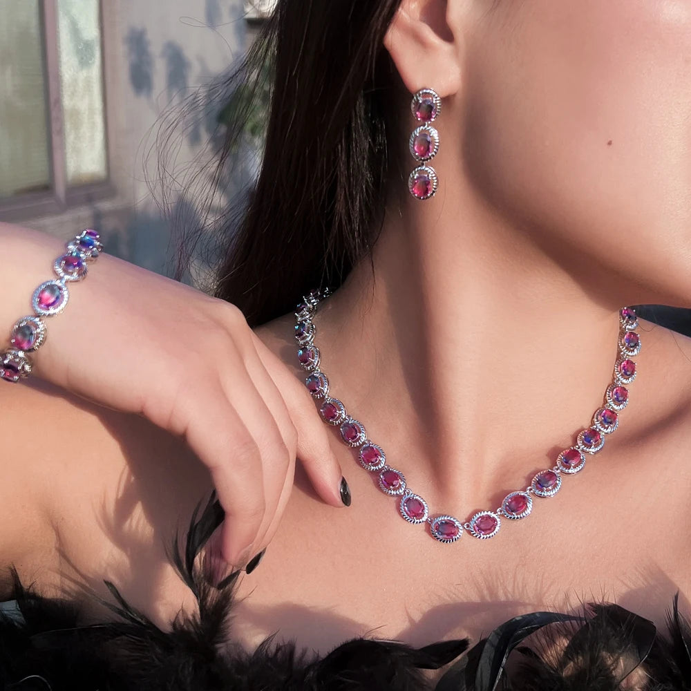 3 Pcs Elegant Rainbow Cubic Zirconia Topaz Oval Drop Earrings Necklace and Bracelet Set Jewelry Gift for Ladies Party Bridesmaid