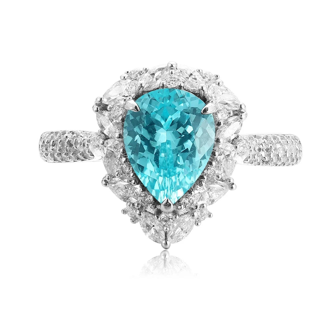 Gemfiori Vintage Pear Lab Grown Paraiba Rings Sterling Silver 925 Engagement Ring Rhodium Plated Prong Setting Personalized Wedding