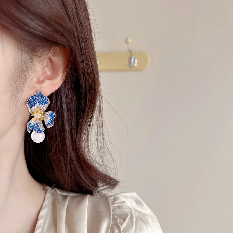Hot Sale Micro-Inlaid Zircon Flower Earrings Pearl Drop Earrings Elegant Luxury Studs Earrings Women Jewelry Gift
