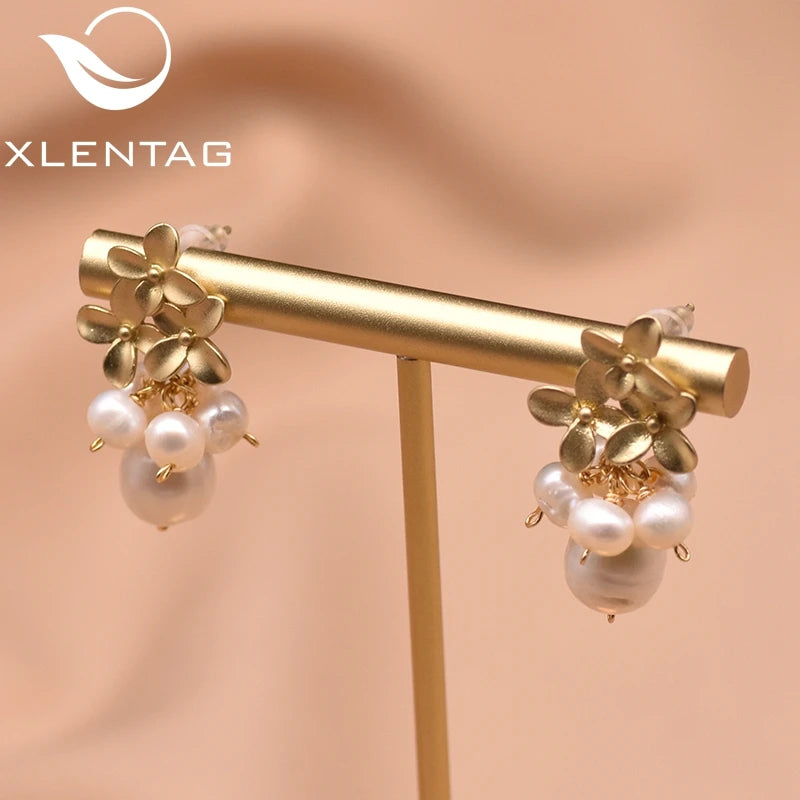 Original Fresh Water Pearl Three Flower Custer Drop Earrings for Women Wedding Engagement Fine Jewelry