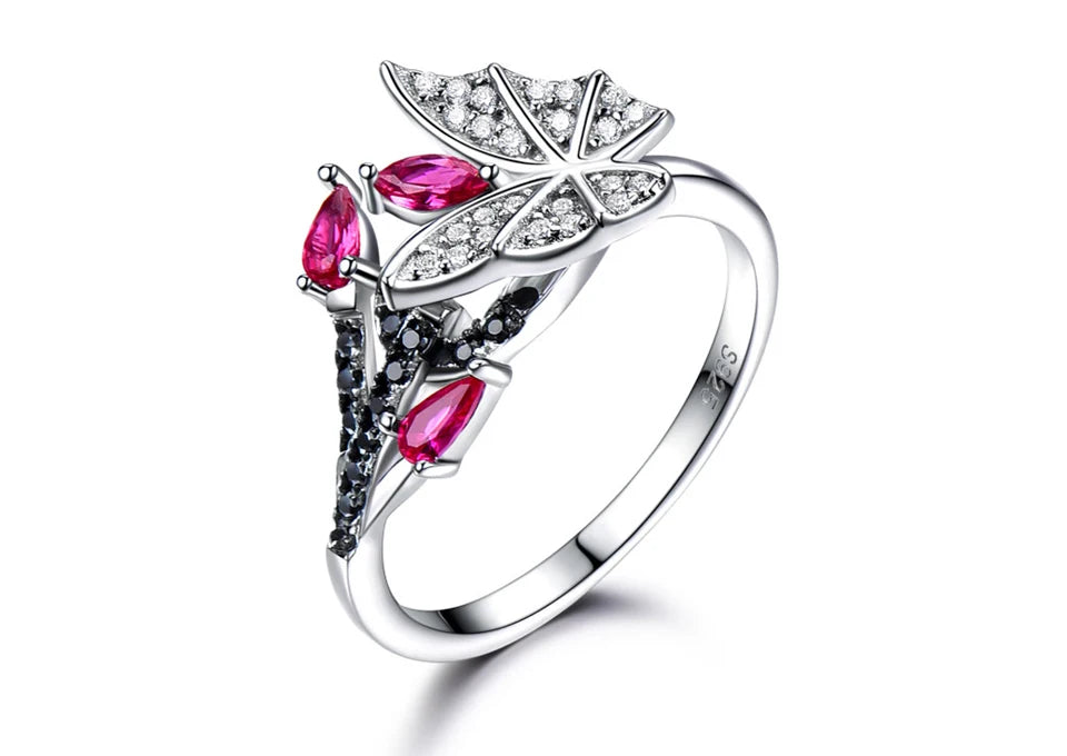 925 Sterling Silver Butterfly Jewelry Set Romantic Ruby Black Spinel Gemstone Rings Pendant Drop Earrings for Women Gift