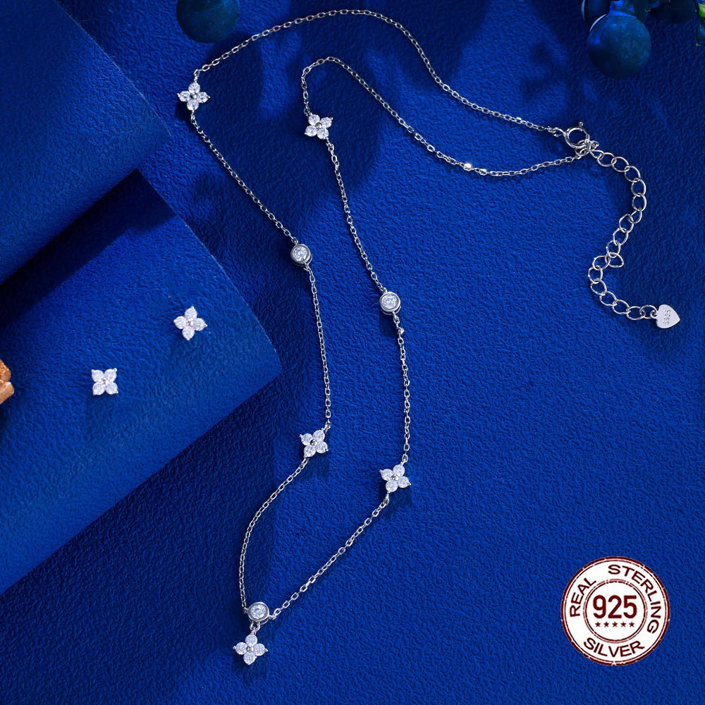 Sparkly White Flowers Shaped Cubic Zirconia S925 Sterling Silver Jewelry Set for Women Datings Wear Birthday Valentine's Gifts