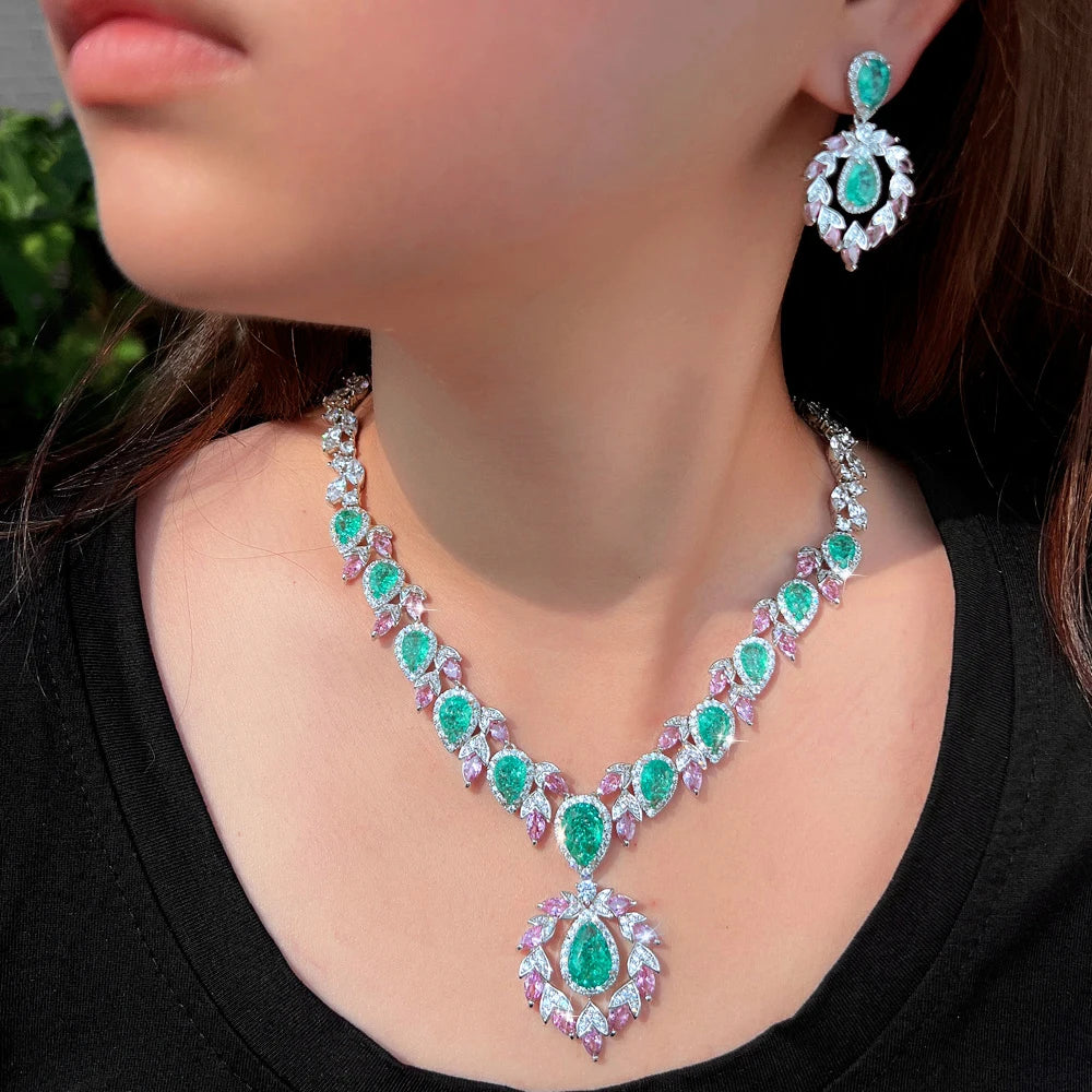 Bohemian Glamorous Necklace Earrings Shiny Light Green Ice Out Cubic Zirconia Wedding Party Jewelry Set for Women Anniversary