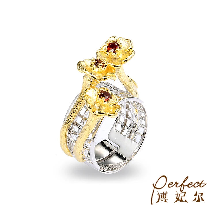 Adjustable Women Jewelry Flower 925 Sterling Silver Ring with 14K Gold Plated