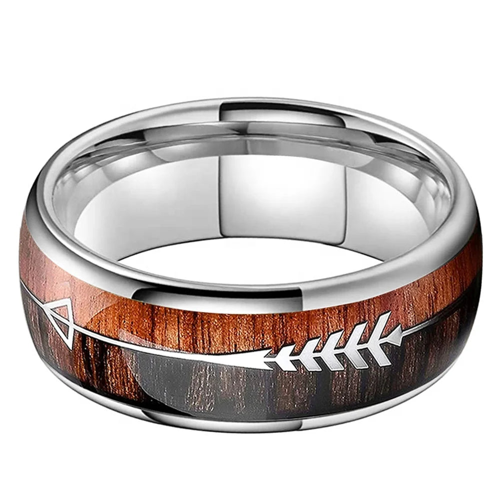 Coolstyle Jewelry 8mm Wholesale Dropshipping Koa Wood Arrow Inlay Tungsten Ring for Men Women Fashion Engagement Wedding Band