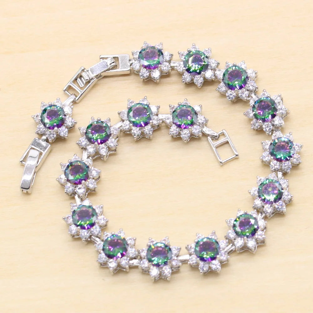 XOTICA Rainbow Zircon 925 Sterling Silver Women's Jewelry Set Wedding Ring Earrings Necklace Bracelet for Party or Christmas Gift