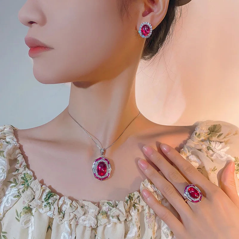 Gemfiori 2025 New Jewelry Simulation Red Corundum Retro Zircon Light Luxury Set Valentine's Day Gift