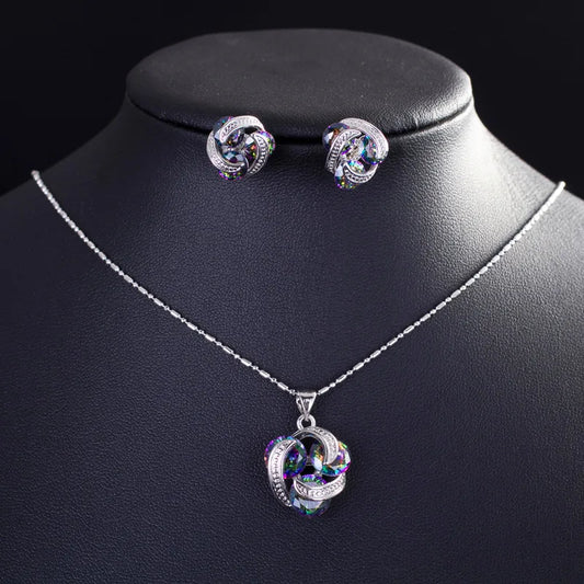 S&S Multi-Colour Fire Topaz CZ Pendant Necklace & Stud Earrings Set – White Gold Plated – Collection