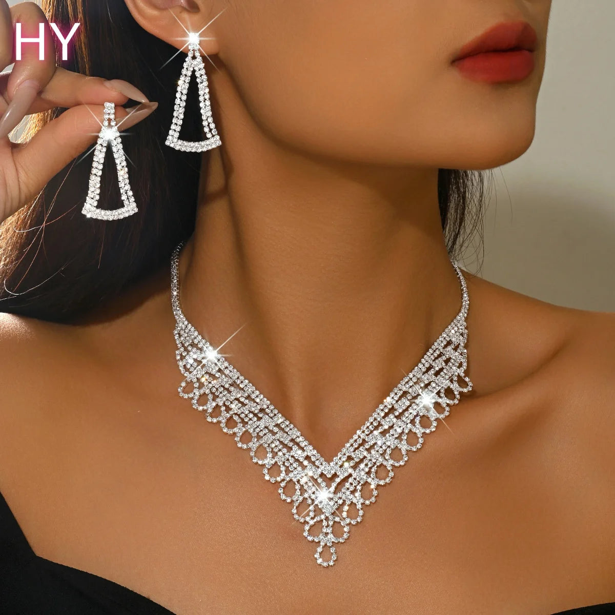 HY  Shiny Tassel Earrings V-shape Necklaces Women Wedding Party Set Wholesale Fashion Lead-Free Brass Silver/Gold