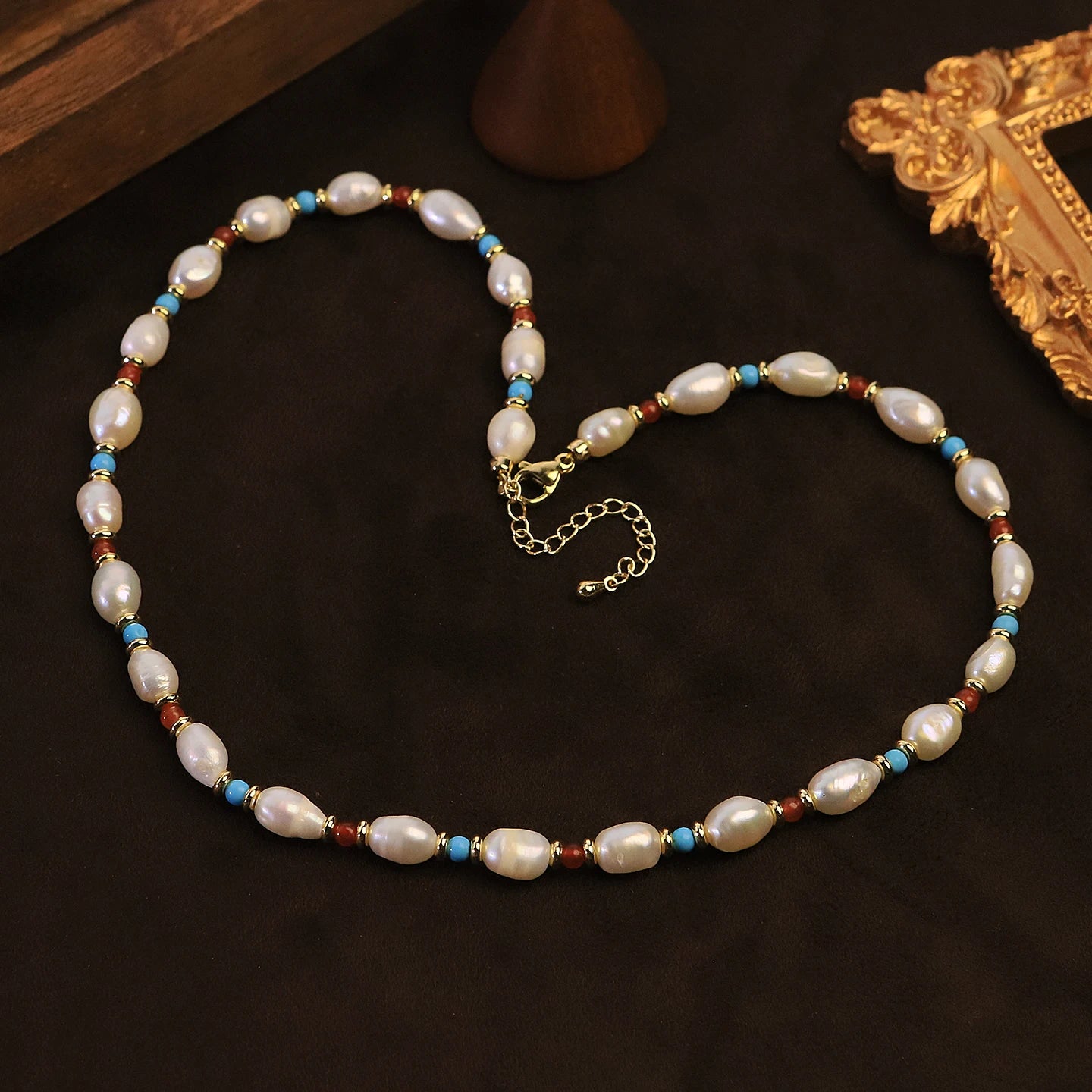 Natural Freshwater Pearl Turquoise Coral Beaded Necklace for Women Daily Party Wedding Vacation Dainty Necklace Bohemian Jewelry