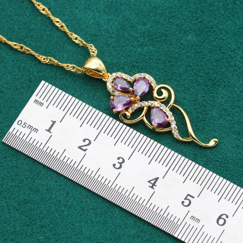 XOTICA Luxurious Purple Zircon Gold Wedding Set for Women Including Bracelet Earrings Necklace Pendant Ring-for Parties Holidays