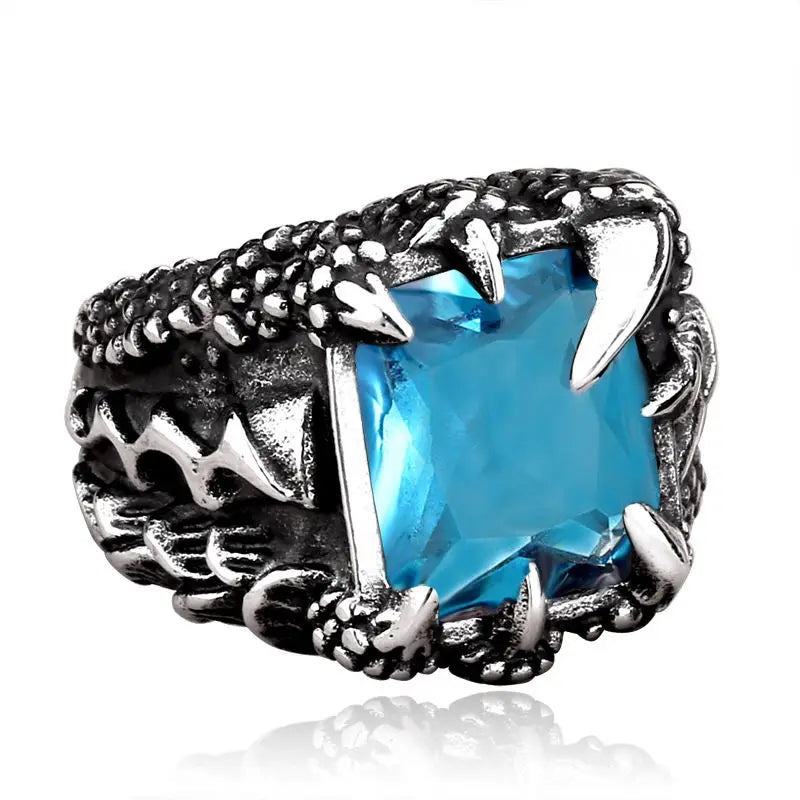REBEL Fashion Jewelry Vintage Style Red/Black/Blue Zircon Inlaid Dragon Claw Stainless Steel Rings for Men Party Gifts