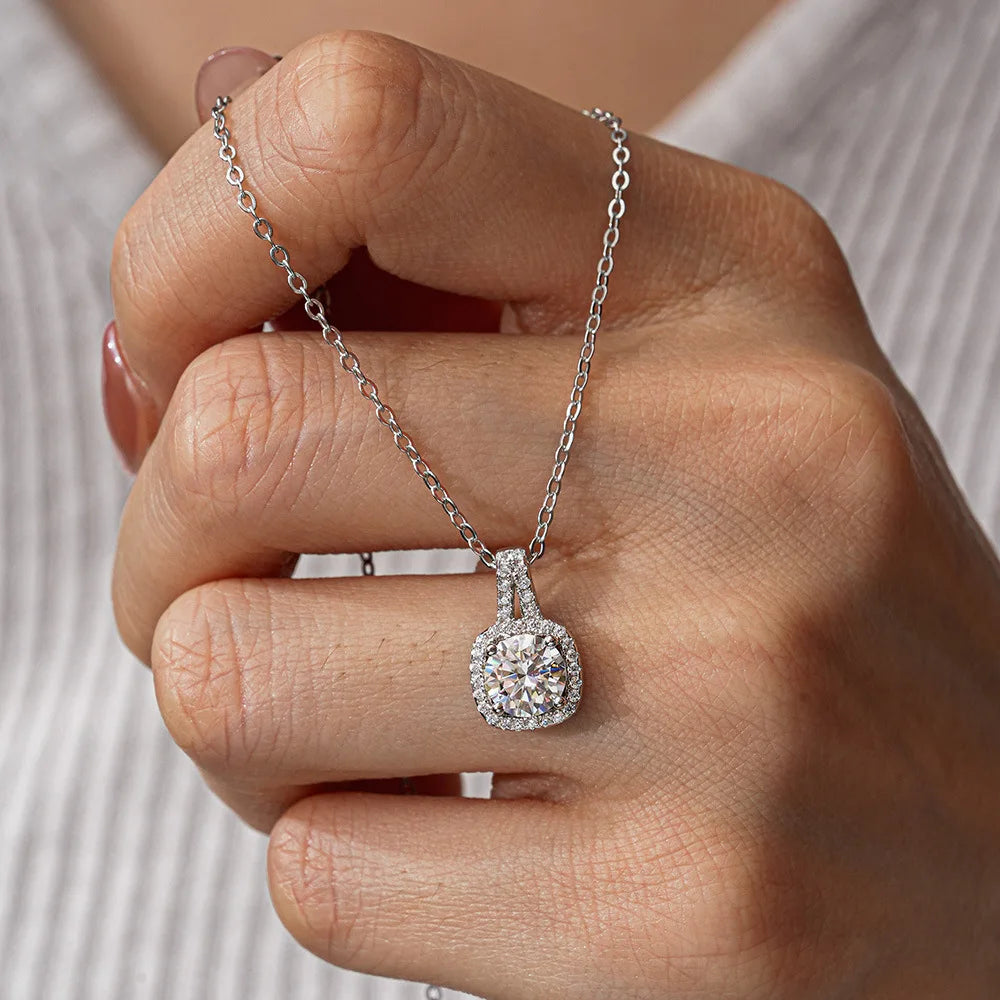 Fine Jewelry 925 Silver Square Bezel Set Round Cut 1CT 2CT VVS GRA Certified Colorful Moissanite Diamond Pendant Necklaces Women