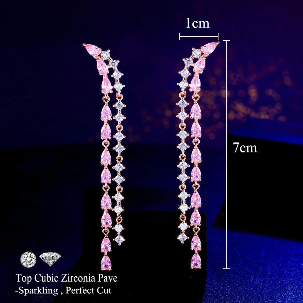 S&S Pink CZ Long Tassel Ear Line Drop Earrings – 7cm Gold Plated – Collection