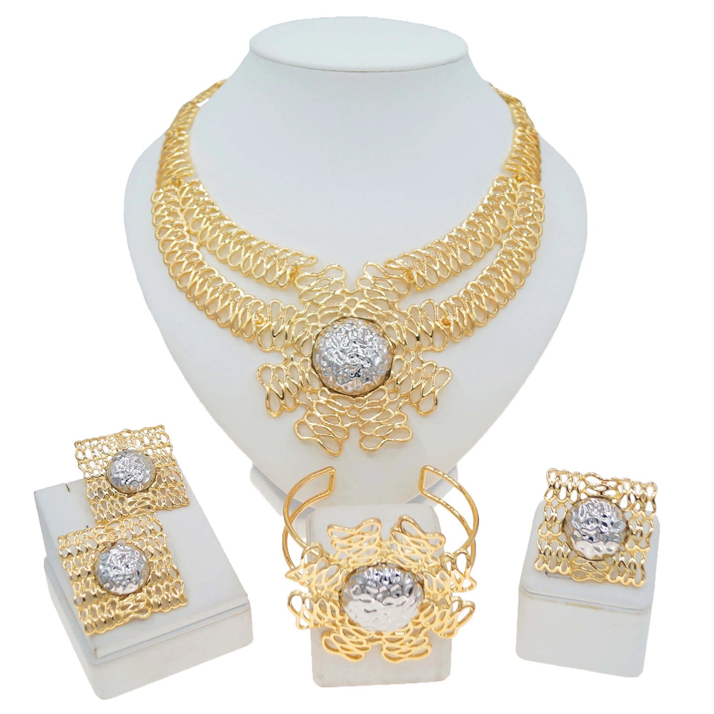 Zhuerrui New Fancy Jewelry Set Nigerian Wedding Ladies Four-Piece Double Copper Ring Chain Ring Bracelet French EleganceH00785