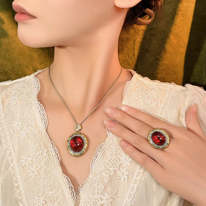 REDheart Brass Inlaid Zircon Plated Gold Plated Two-Color Open Ring Simulation Pointed Texture Pendant Necklace Set for Wedding