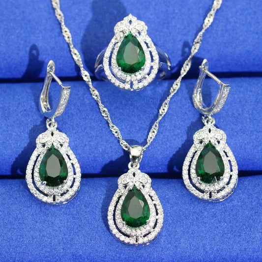 Luxurious 925 Sterling Silver Jewelry Set for Women Green Zircon Earrings Necklace Pendant Ring for Weddings Dating Gifts