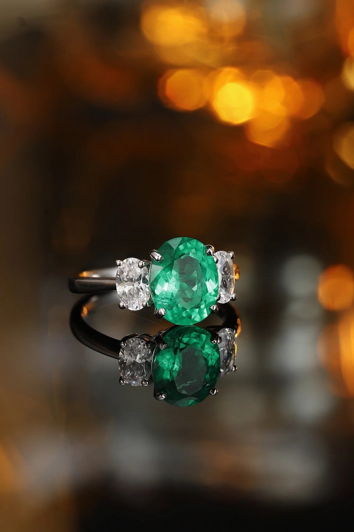 Gemfiori Vintage 3 Stone Emerald Cut Lab Grown Emerald Engagement Ring Rhodium Plated 925 Silver for Women Gift Party Wedding