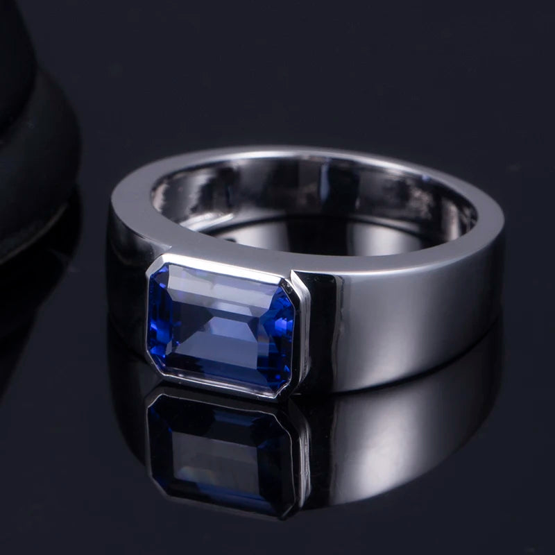 Messi Jewelry MSR-668 18k White Gold Man Ring Lab Grown Sapphire Ring Emerald Cut Gemstone Ring