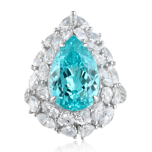 Gemfiori Luxury Jewelry Unisex Wedding Ring Trendy Pear Cut Lab-Grown Paraiba Halo Gift Exquisite Premium Grade Craftsmanship