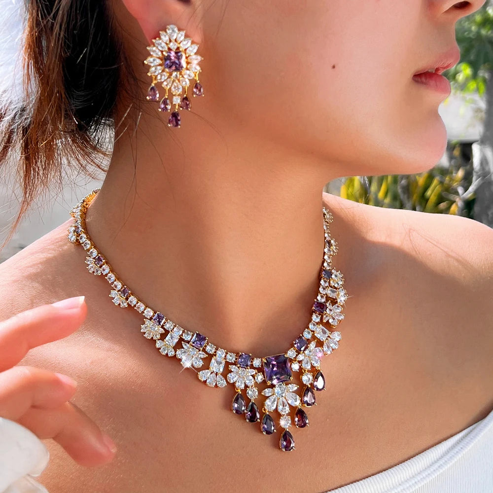 Luxury Purple and White Cubic Zirconia  Big Necklace Earrings Italian Dubai 18k Gold Plated Bridal Jewelry Set for Women Wedding