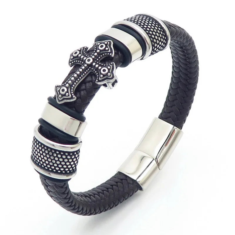 KALEN 210mm Men Vintage Multiple Style Stainless Steel&Cowhide Leather Bracelets