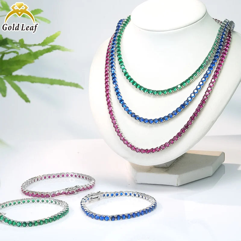 REDheart S&S Hot Sale Trendy Wedding Red Blue Green Four Claws Tennis Bracelet & Necklace Set 925 Sterling Silver White Gold Plated