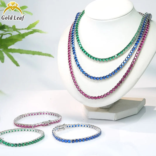 Hot Sale Trendy Wedding Red Blue Green Four Claws Tennis Bracelet & Necklace Set 925 Sterling Silver White Gold Plated