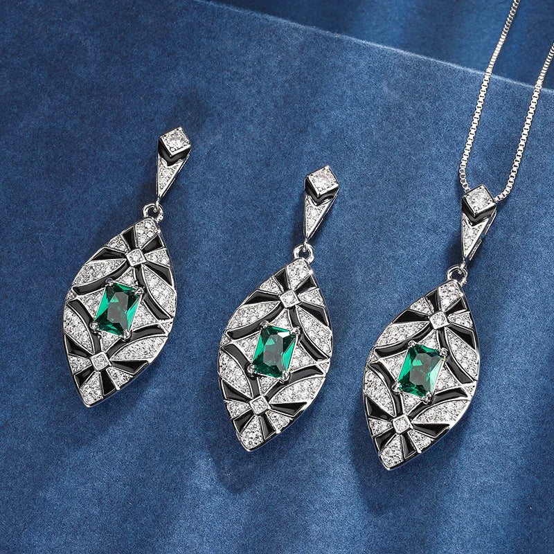Gemfiori Vintage Charm Pendant Earring Set with Leaf Charm and High End Jewelry Inlaid with Square Zircon Jewelry